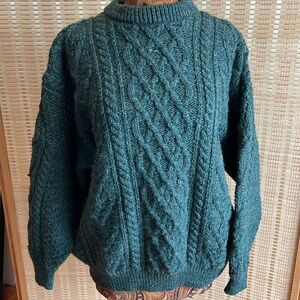 Bracken Country Wear Fisherman Chunky Dark Green Sweater Pure New Wool XL